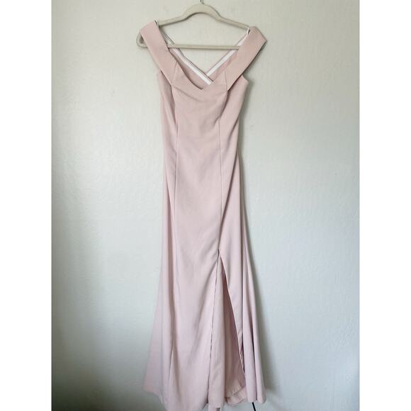 Dessy Off-The-Shoulder Criss Cross Back Trumpet Bridesmaid Gown in Blush Pink - Picture 4 of 9